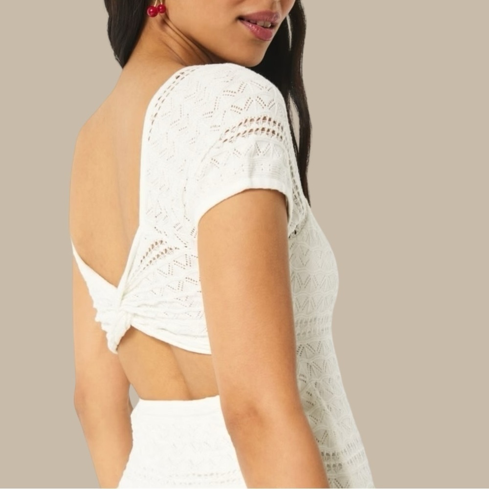 Hollister All-Over Knitted Crochet White Dress With Twist Back Detail Size Small - Picture 9 of 11